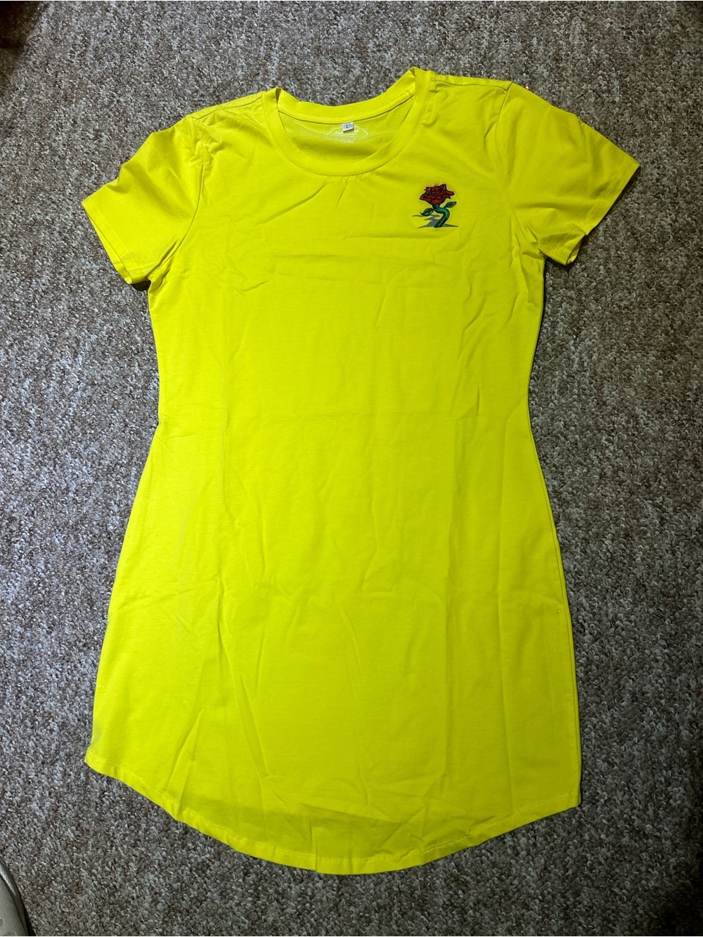 SHEIN Bright Yellow Short Sleeve Tunic with Red Rose Patch